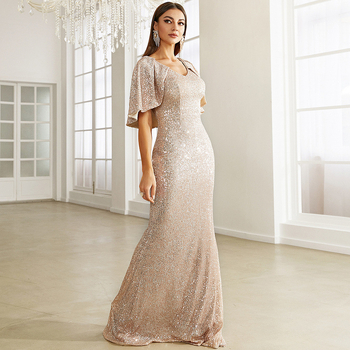 Rochie de seară din paiete, decolteu în V, talie înaltă, mâneci lungi, fustă până la podea (65% poliester, 35% bumbac; căptușeală 65% poliester)