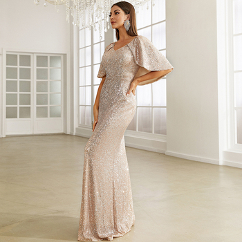 Rochie de seară din paiete, decolteu în V, talie înaltă, mâneci lungi, fustă până la podea (65% poliester, 35% bumbac; căptușeală 65% poliester)