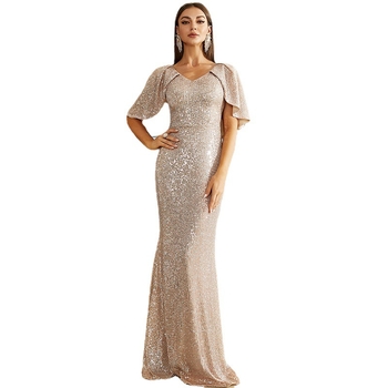 Rochie de seară din paiete, decolteu în V, talie înaltă, mâneci lungi, fustă până la podea (65% poliester, 35% bumbac; căptușeală 65% poliester)