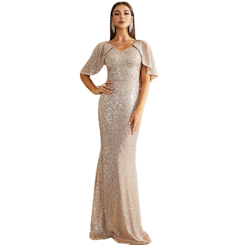 Rochie de seară din paiete, decolteu în V, talie înaltă, mâneci lungi, fustă până la podea (65% poliester, 35% bumbac; căptușeală 65% poliester)