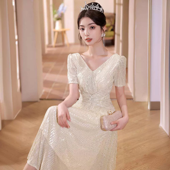 Rochie de seară pentru femei, decolteu adânc în V, talie înaltă, mâneci în stil prințesă, siluetă lungă