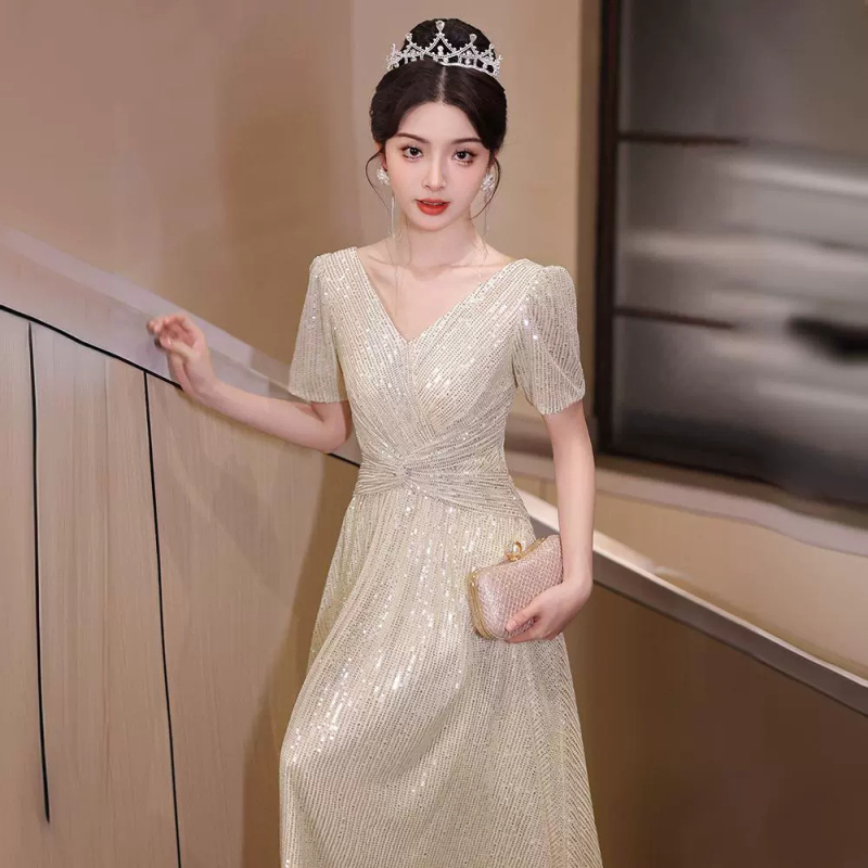 Rochie de seară pentru femei, decolteu adânc în V, talie înaltă, mâneci în stil prințesă, siluetă lungă