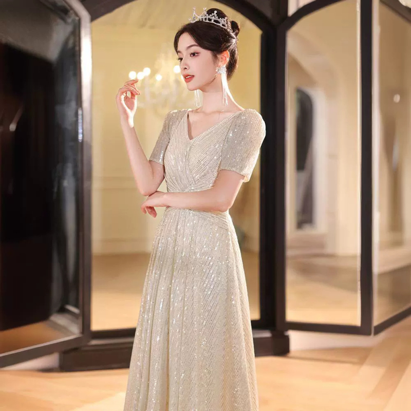 Rochie de seară pentru femei, decolteu adânc în V, talie înaltă, mâneci în stil prințesă, siluetă lungă