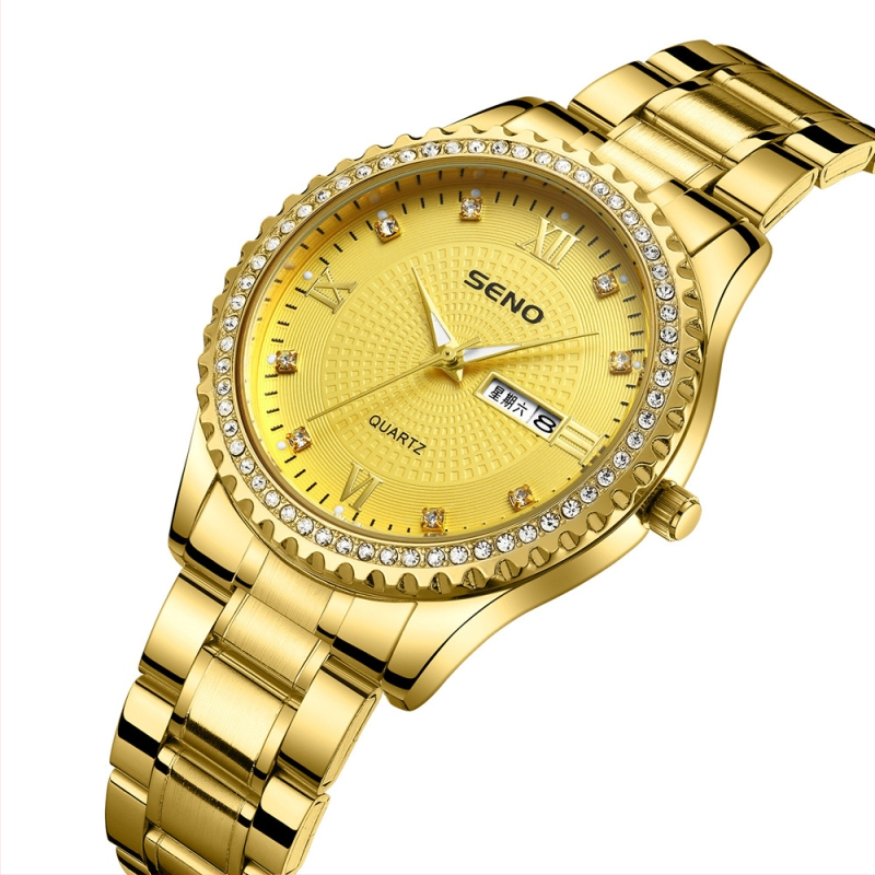Pánske hodinky SENO/Cheno s diamantovým ciferníkom, luminiscenčné ručičky, dvojitý kalendár, quartz pohon, ciferník 40.5 mm