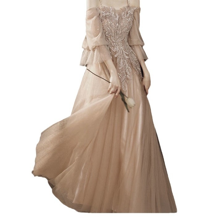 Rochie formală pentru domnișoare de onoare, decolteu pe un umăr, lungă, croială slim, talie înaltă, mâneci scurte, poliester, stil fabulos de zână
