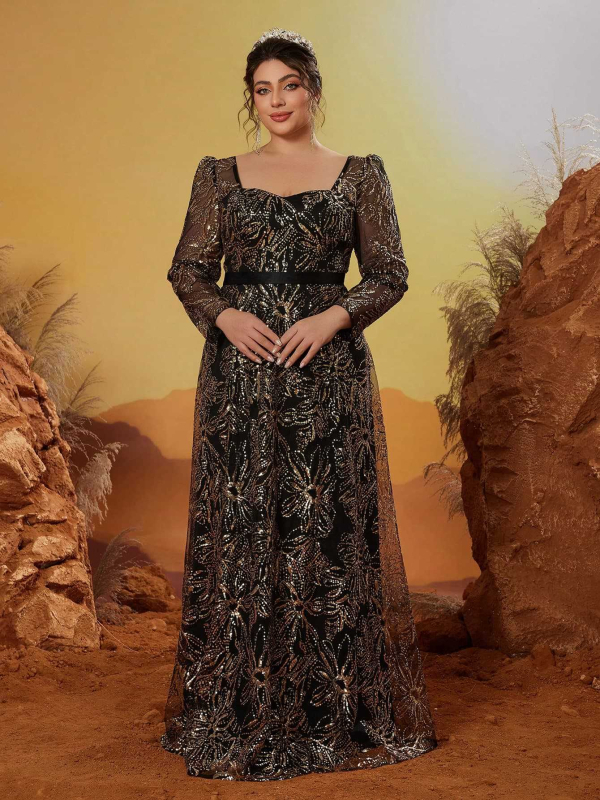 Rochie de seară formală din poliester, decolteu pătrat, mâneci lungi, lungime până la podea