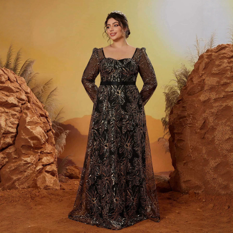 Rochie de seară formală din poliester, decolteu pătrat, mâneci lungi, lungime până la podea