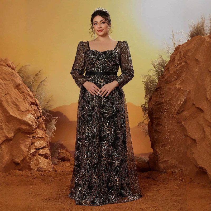 Rochie de seară formală din poliester, decolteu pătrat, mâneci lungi, lungime până la podea