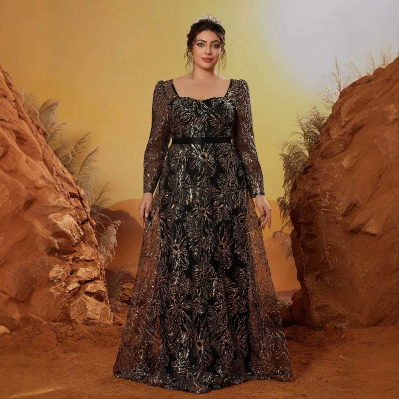 Rochie de seară formală din poliester, decolteu pătrat, mâneci lungi, lungime până la podea