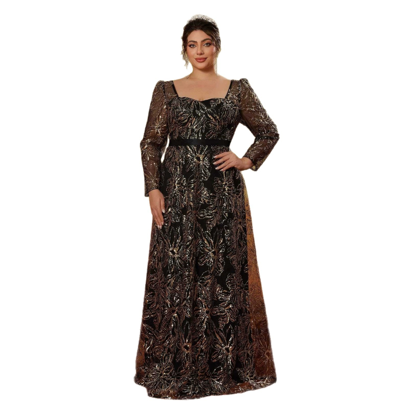 Rochie de seară formală din poliester, decolteu pătrat, mâneci lungi, lungime până la podea