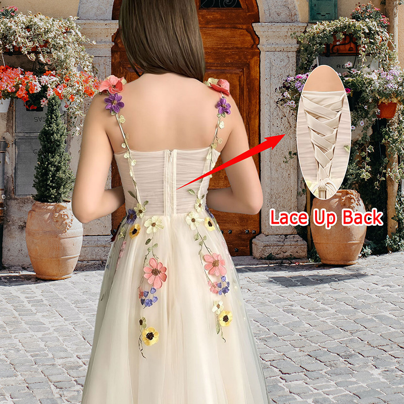 Floralne večernje haljine u A-silueti s trakama, bez rukava, midi duljina suknje, poliester materijal