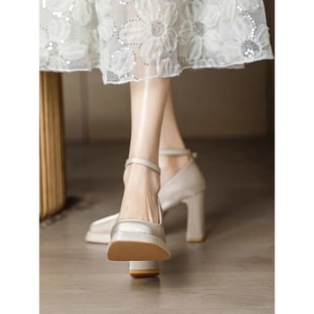 Ženske vjenčane Mary Jane cipele s platformom i debelim petom, kvadratni vrh, gornji dio od svile i satena, kopčasti remenčić, gumeni potplat