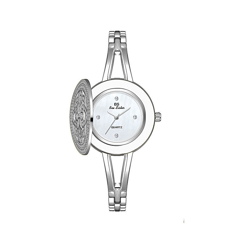 BS FA1618 Ceas de buzunar pentru femei cu capac rabatabil, mișcare Quartz (Singapore), cadran 28mm, rezistență la apă 30m, strasuri austriece
