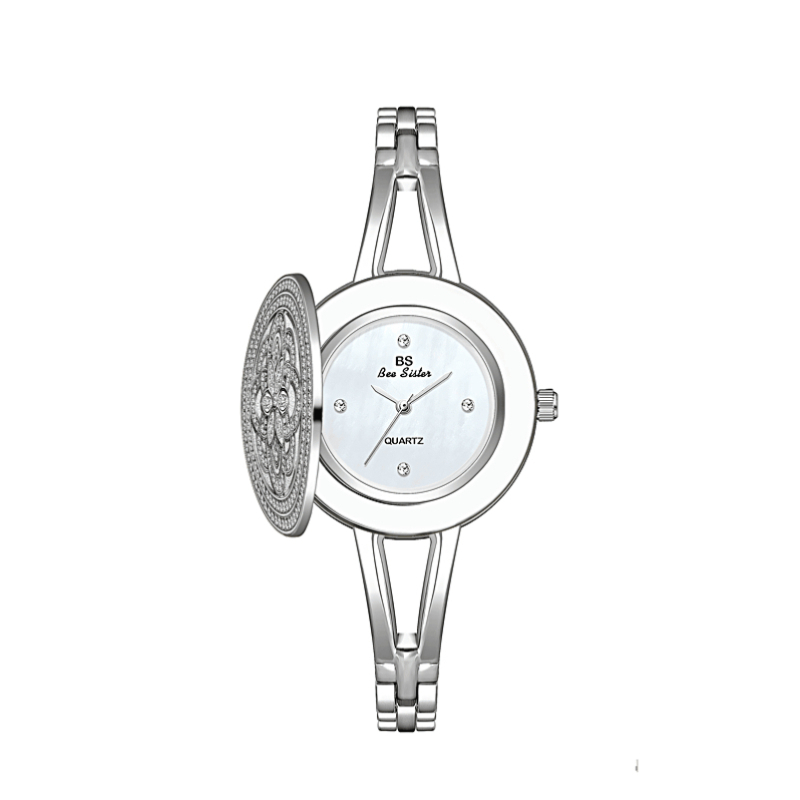 BS FA1618 Ceas de buzunar pentru femei cu capac rabatabil, mișcare Quartz (Singapore), cadran 28mm, rezistență la apă 30m, strasuri austriece