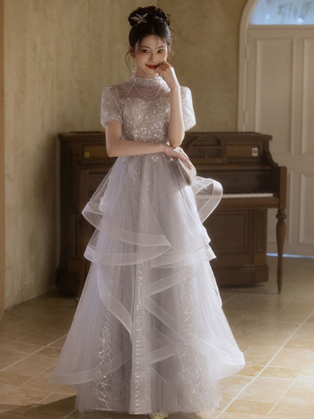 Rochie de seară pentru gazdă, linie A, decolteu pe un umăr, lungă, țesătură chenille cu spandex