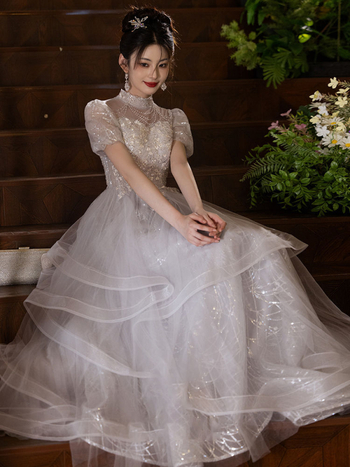 Rochie de seară pentru gazdă, linie A, decolteu pe un umăr, lungă, țesătură chenille cu spandex