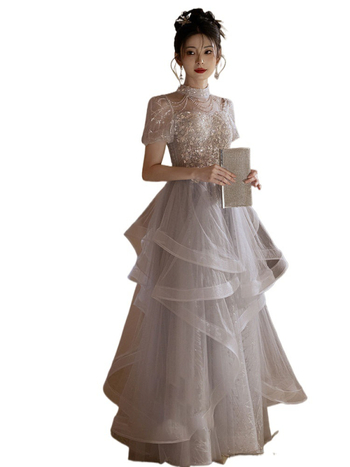 Rochie de seară pentru gazdă, linie A, decolteu pe un umăr, lungă, țesătură chenille cu spandex