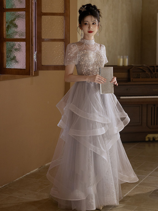 Rochie de seară pentru gazdă, linie A, decolteu pe un umăr, lungă, țesătură chenille cu spandex