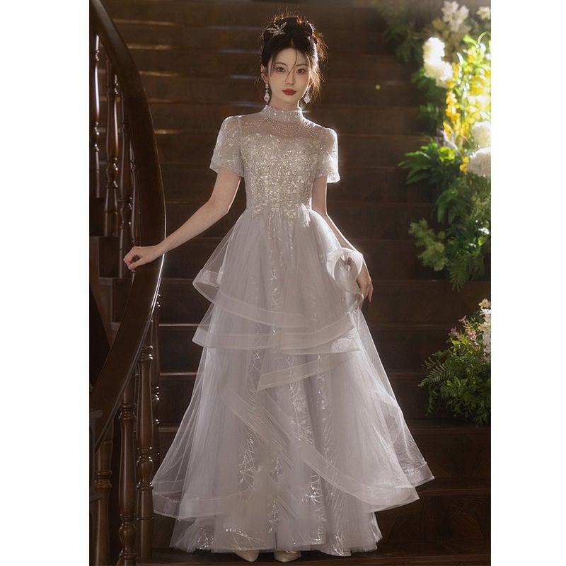 Rochie de seară pentru gazdă, linie A, decolteu pe un umăr, lungă, țesătură chenille cu spandex