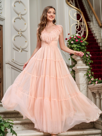 rochie din poliester, model solid, decolteu în V, mâneci bufante, lungime midi