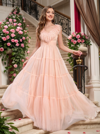 rochie din poliester, model solid, decolteu în V, mâneci bufante, lungime midi