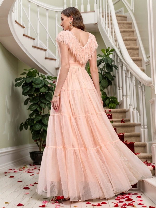 rochie din poliester, model solid, decolteu în V, mâneci bufante, lungime midi