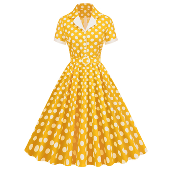 Vintage 50-es évek Hepburn-stílusú midi ruha pamutból, hullám-pöttyös mintázattal, zakós gallérral, rövid ujjú, magas derék