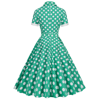 Vintage 50-es évek Hepburn-stílusú midi ruha pamutból, hullám-pöttyös mintázattal, zakós gallérral, rövid ujjú, magas derék
