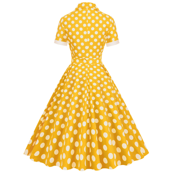 Vintage 50-es évek Hepburn-stílusú midi ruha pamutból, hullám-pöttyös mintázattal, zakós gallérral, rövid ujjú, magas derék