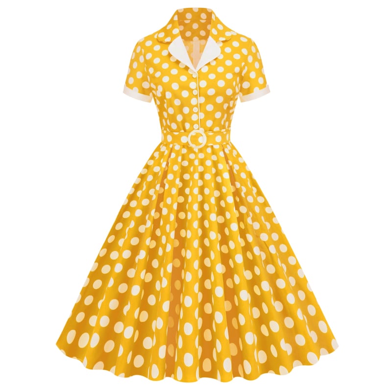 Vintage 50-es évek Hepburn-stílusú midi ruha pamutból, hullám-pöttyös mintázattal, zakós gallérral, rövid ujjú, magas derék