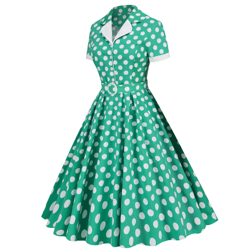 Vintage 50-es évek Hepburn-stílusú midi ruha pamutból, hullám-pöttyös mintázattal, zakós gallérral, rövid ujjú, magas derék