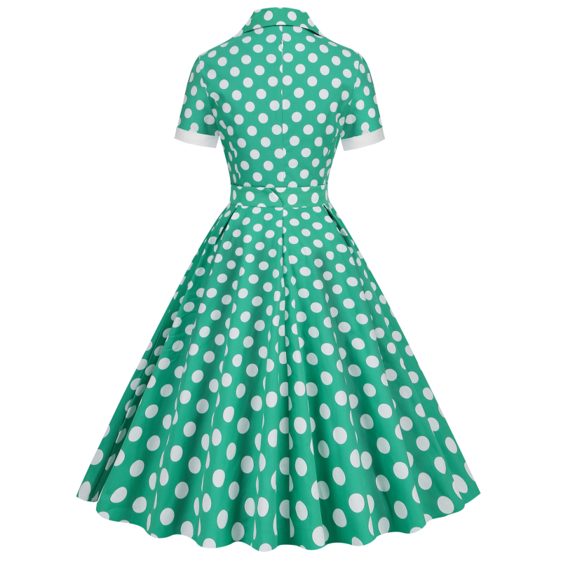 Vintage 50-es évek Hepburn-stílusú midi ruha pamutból, hullám-pöttyös mintázattal, zakós gallérral, rövid ujjú, magas derék