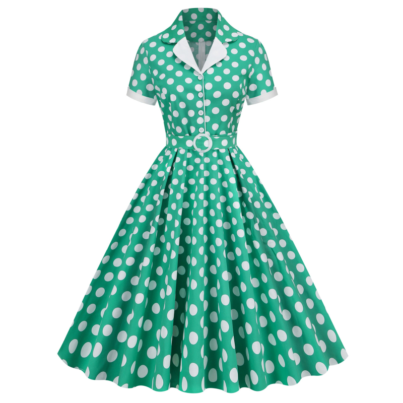 Vintage 50-es évek Hepburn-stílusú midi ruha pamutból, hullám-pöttyös mintázattal, zakós gallérral, rövid ujjú, magas derék