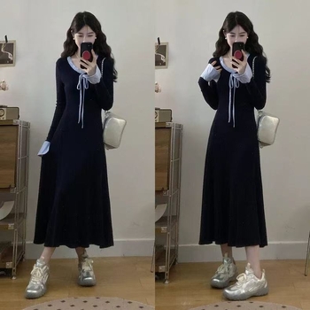 Poliészter kötött ruha masni részlettel, kerek nyakú, hosszú ujjú, midi hossz, A-vonalú sziluett, patchwork stílus és kínai stílus, őszi 2025 kollekció