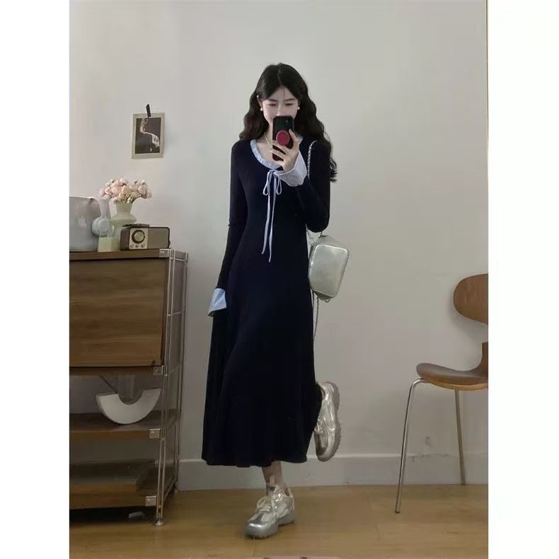 Poliészter kötött ruha masni részlettel, kerek nyakú, hosszú ujjú, midi hossz, A-vonalú sziluett, patchwork stílus és kínai stílus, őszi 2025 kollekció