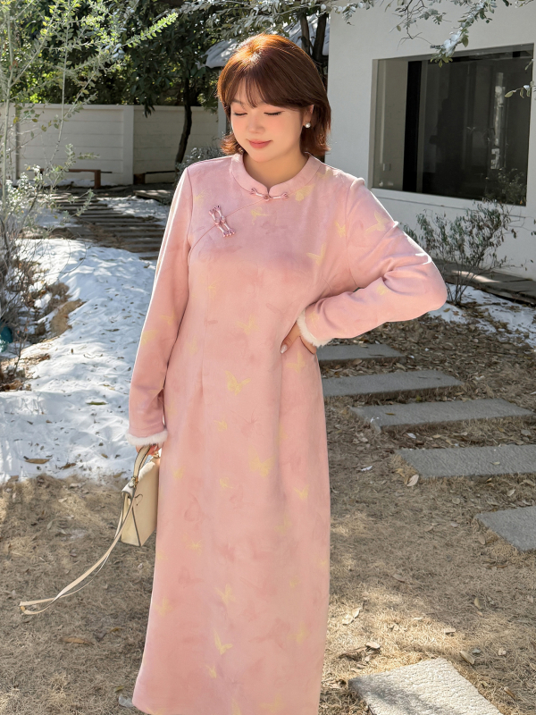 Inno Plus-Size Ružičasta Velur Cheongsam Haljina, Zimski Elegantni Kineski Stil 433914