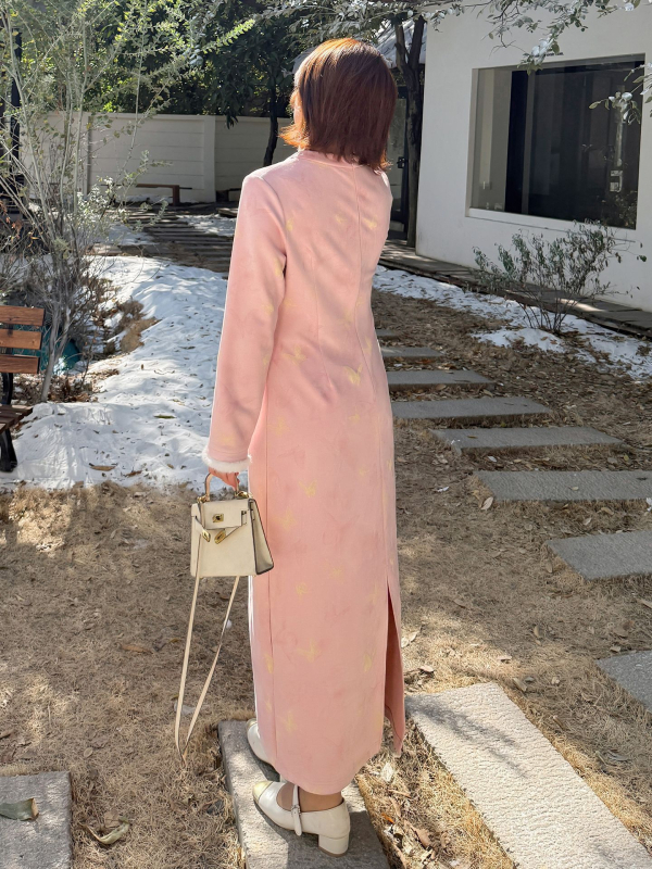 Inno Plus-Size Ružičasta Velur Cheongsam Haljina, Zimski Elegantni Kineski Stil 433914