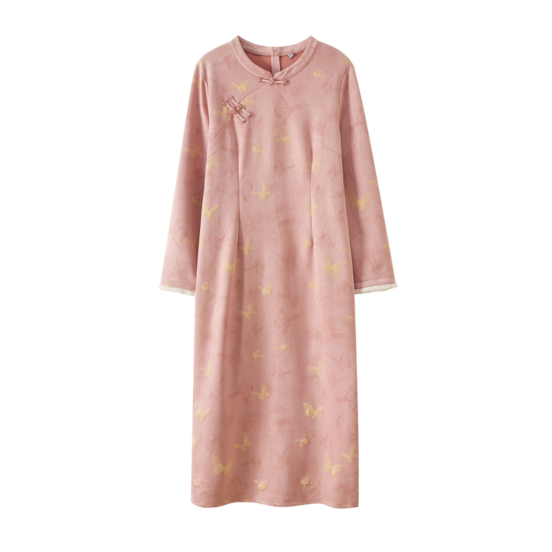 Inno Plus-Size Ružičasta Velur Cheongsam Haljina, Zimski Elegantni Kineski Stil 433914