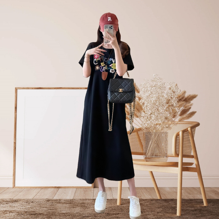 Plus-size rochie-T-shirt din bumbac 100%, lungă până la genunchi, croială dreaptă, broderie, guler rotund