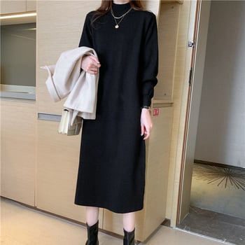 Плюс размер плетена рокля с полувисока яка, дълги ръкави, миди А‑линия, смес мерсеризиран памук и вискоза