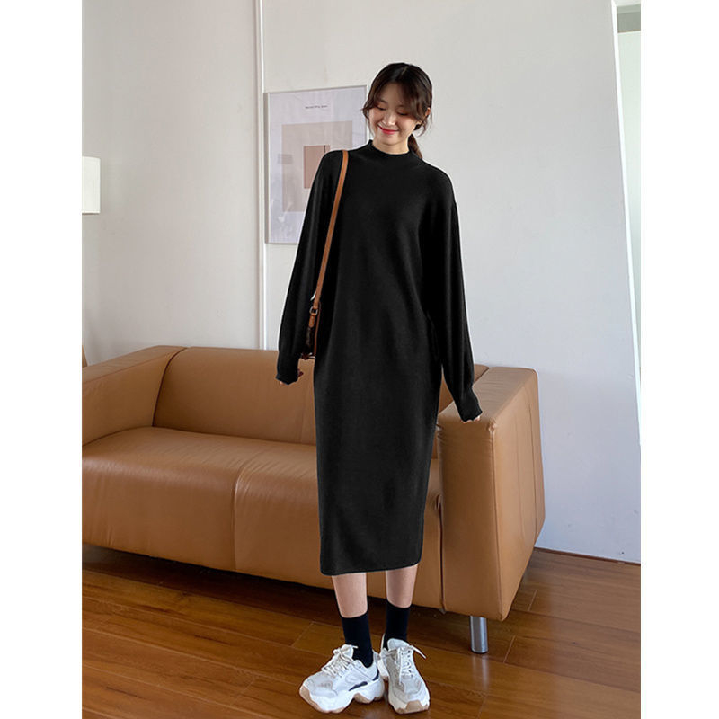 Плюс размер плетена рокля с полувисока яка, дълги ръкави, миди А‑линия, смес мерсеризиран памук и вискоза