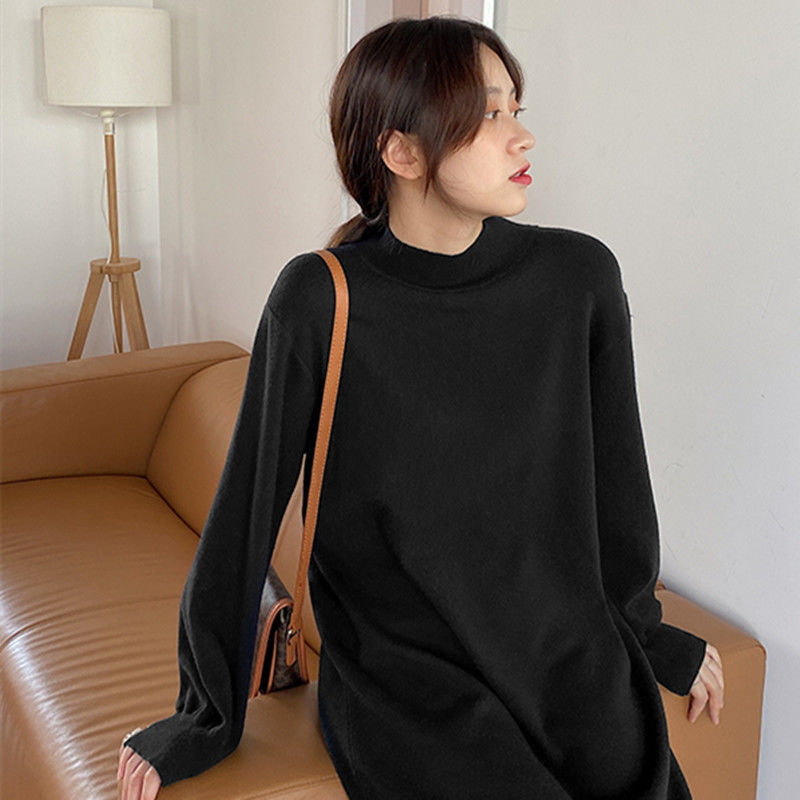 Плюс размер плетена рокля с полувисока яка, дълги ръкави, миди А‑линия, смес мерсеризиран памук и вискоза