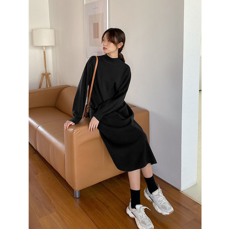 Плюс размер плетена рокля с полувисока яка, дълги ръкави, миди А‑линия, смес мерсеризиран памук и вискоза