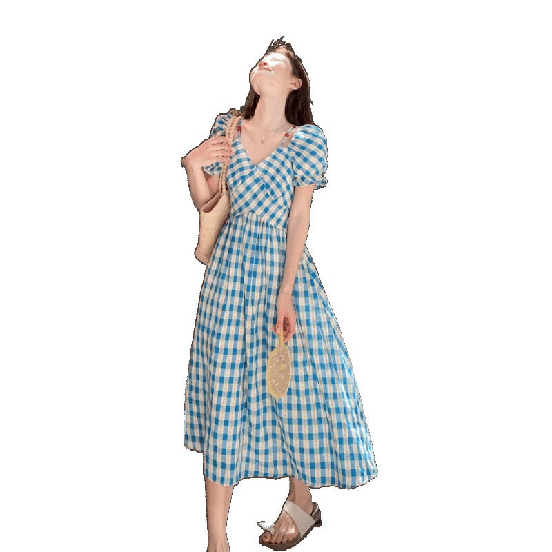 A-vonalú ruha V-nyakkal, puffos rövid ujjakkal, kockás mintázat, középhosszú