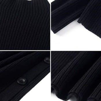 Kötött egyrészes ruha, magas gallér, hosszú ujjú, hosszú A-vonalú szoknya, utcai stílus.