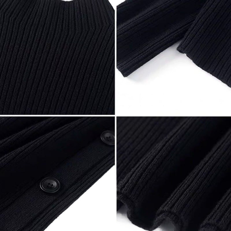 Kötött egyrészes ruha, magas gallér, hosszú ujjú, hosszú A-vonalú szoknya, utcai stílus.