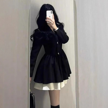 Rochie din poliester, uni, croială A-line scurtă, guler polo, maneci lungi