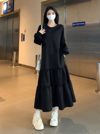 A-vonalú hosszú ruha, kerek nyak, hosszú ujjú, poliészter anyag, laza derék, őszi 2025