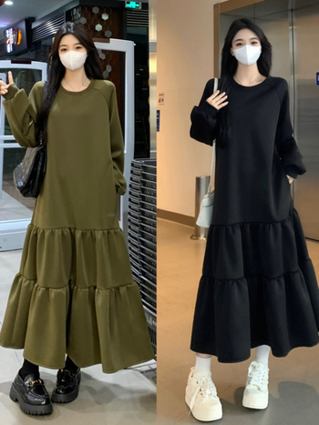 A-vonalú hosszú ruha, kerek nyak, hosszú ujjú, poliészter anyag, laza derék, őszi 2025