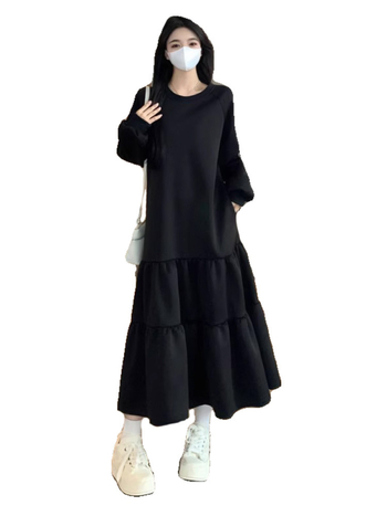 A-vonalú hosszú ruha, kerek nyak, hosszú ujjú, poliészter anyag, laza derék, őszi 2025